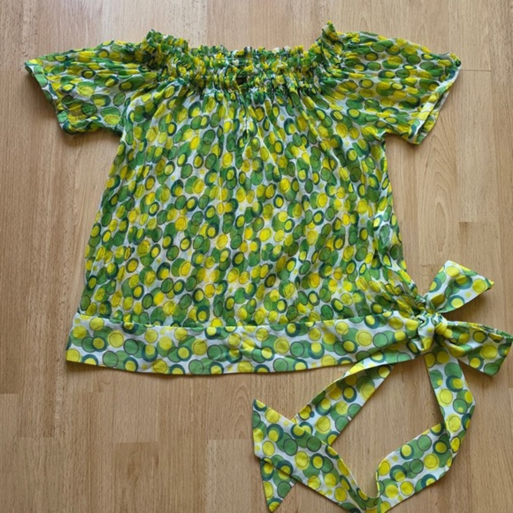 Zara Basic Womens 100% Silk Green Yellow Abstract Dot Off Shoulder Tie Blouse L